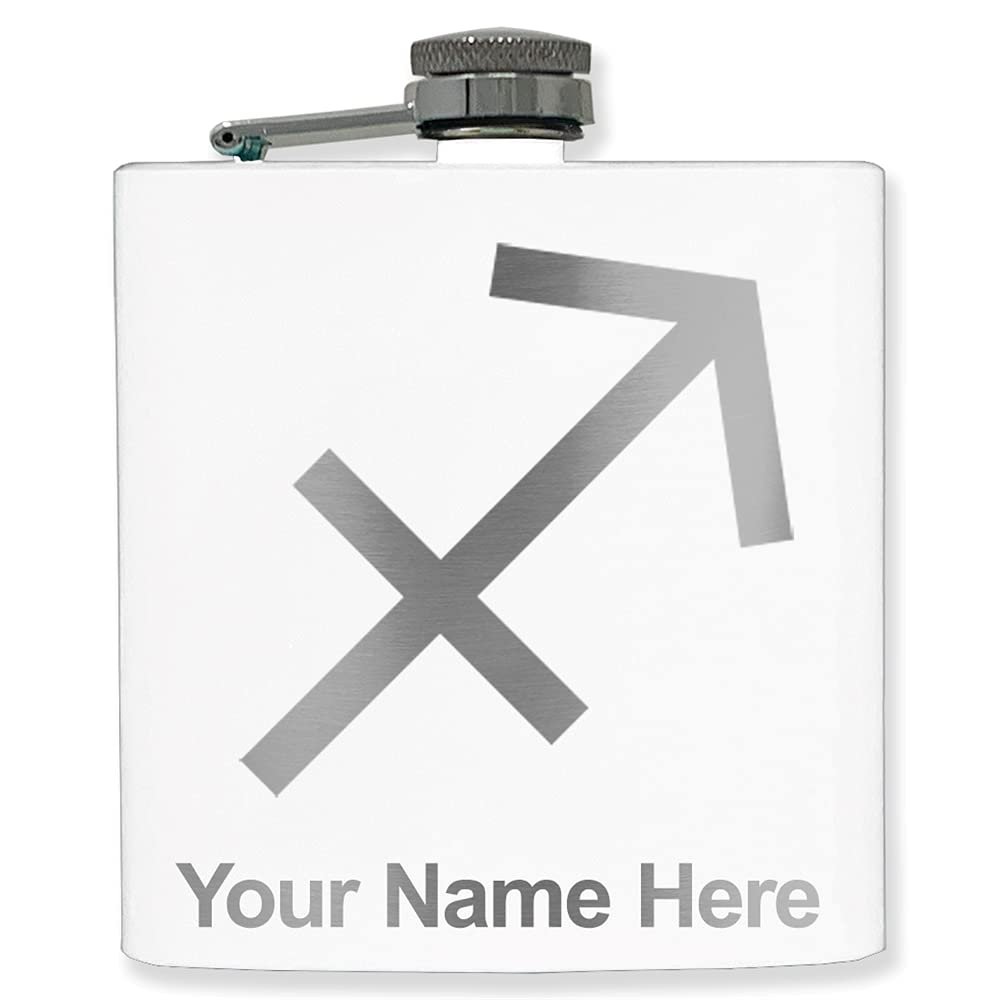 6oz Stainless Steel Flask, Zodiac Sign Sagittarius, Personalized Engraving Included (White)