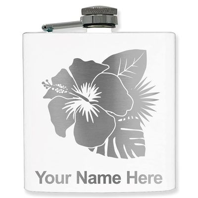 6oz Stainless Steel Flask, Hibiscus Flower 2, Personalized Engraving Included (White)