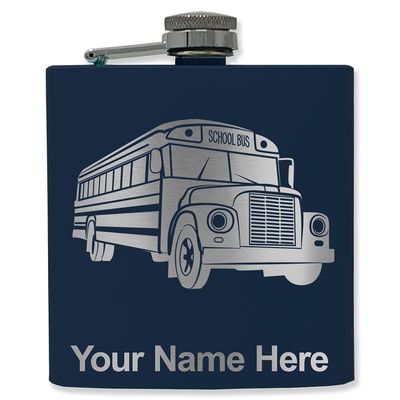 6oz Stainless Steel Flask, School Bus, Personalized Engraving Included (Navy Blue)