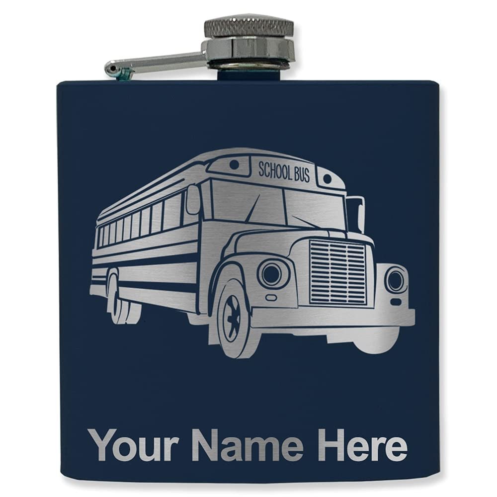 6oz Stainless Steel Flask, School Bus, Personalized Engraving Included (Navy Blue)