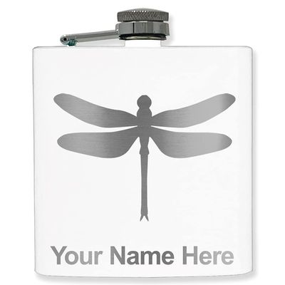 6oz Stainless Steel Flask, Dragonfly, Personalized Engraving Included (White)