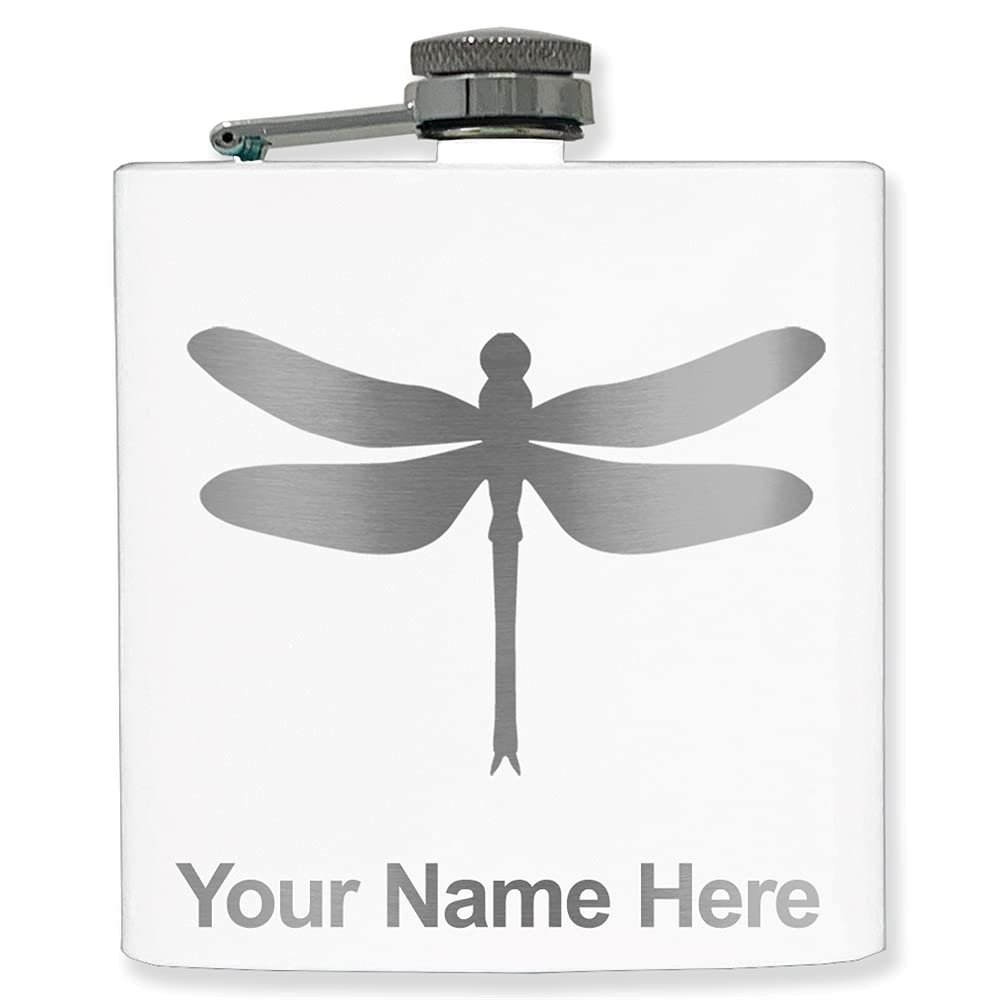 6oz Stainless Steel Flask, Dragonfly, Personalized Engraving Included (White)