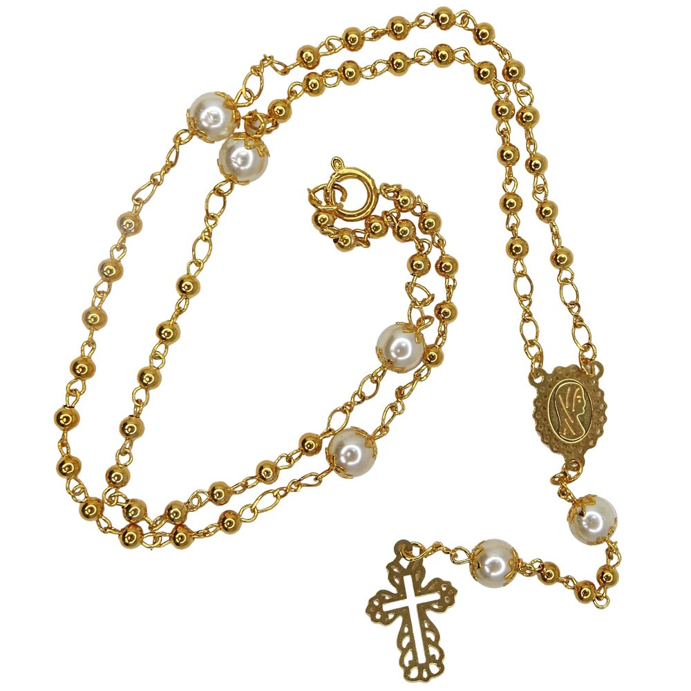 Needzo - Gold Tone Rosary with Faux Pearl Beads and Our Lady of Fatima Centerpiece, Catholic Gift of Prayer and Devotion Necklace, Religious Keepsake