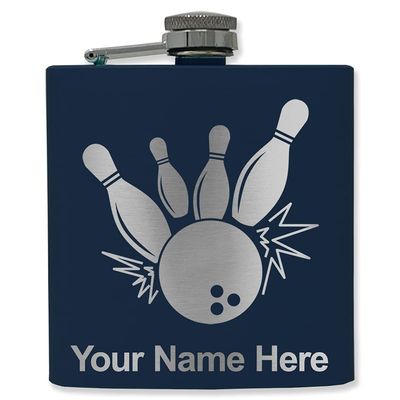 6oz Stainless Steel Flask, Bowling Ball and Pins, Personalized Engraving Included (Navy Blue)