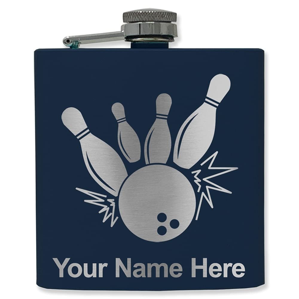 6oz Stainless Steel Flask, Bowling Ball and Pins, Personalized Engraving Included (Navy Blue)