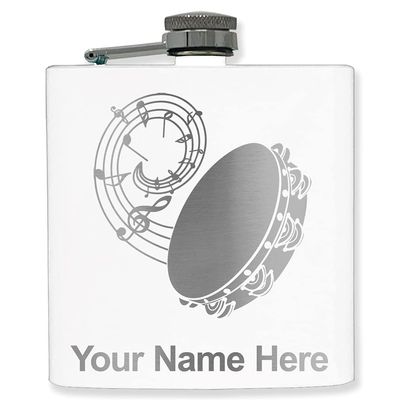 6oz Stainless Steel Flask, Tambourine, Personalized Engraving Included (White)