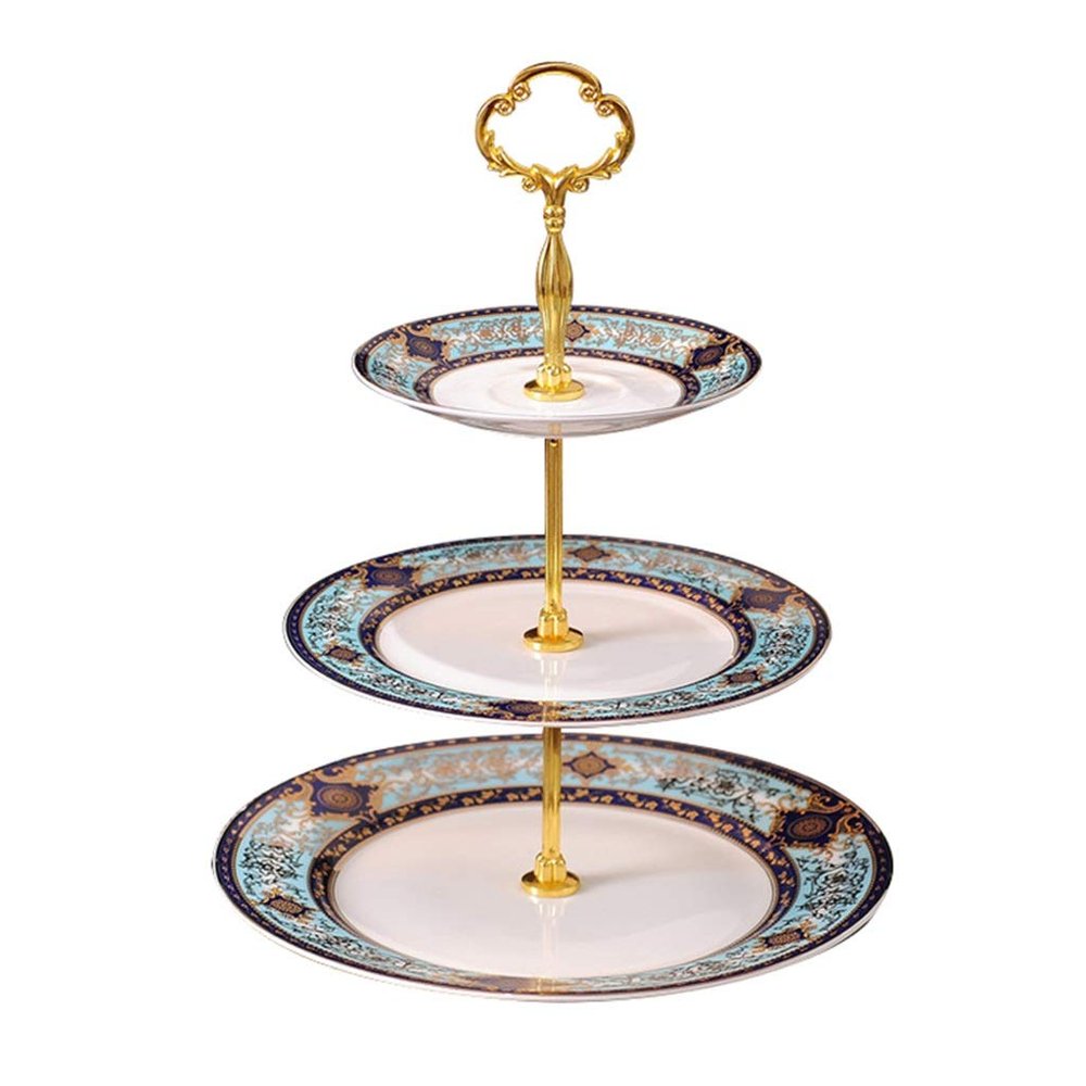 3-tier Ceramic Cake Stand Cake Display Stand Dessert Cupcake Stand For Tea Party Home Serving Platter (Color : Blue, Size : 27 * 35cm)