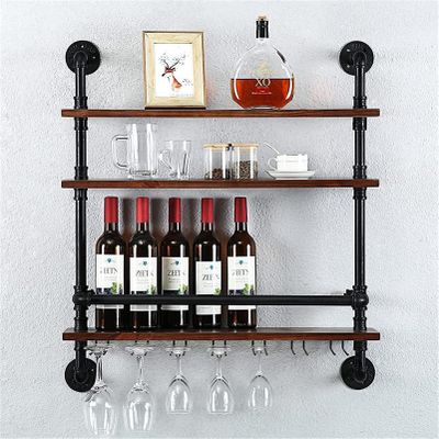 CGF- Mounted Wine Racks Industrial Hanging Pipe Shelf Wine Racks with 7 Stem Glass Holder, 30In Floating Bar Shelves Wall Mounted, Wall Shelf Kitchen Wine Holder