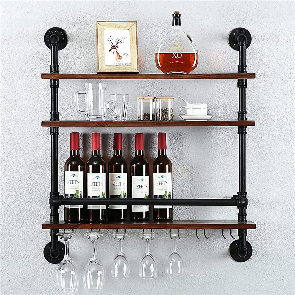 CGF- Mounted Wine Racks Industrial Hanging Pipe Shelf Wine Racks with 7 Stem Glass Holder, 30In Floating Bar Shelves Wall Mounted, Wall Shelf Kitchen Wine Holder