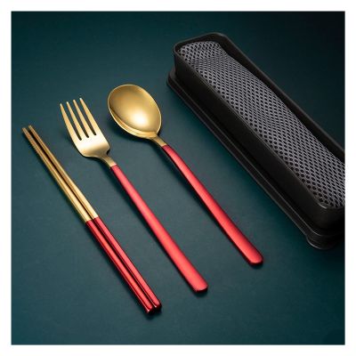 5PCS Portable Stainless Steel Metal Cutlery Set Including Spoon, Chopstick and Fork with Fabric Storage Bag and Carrying Case