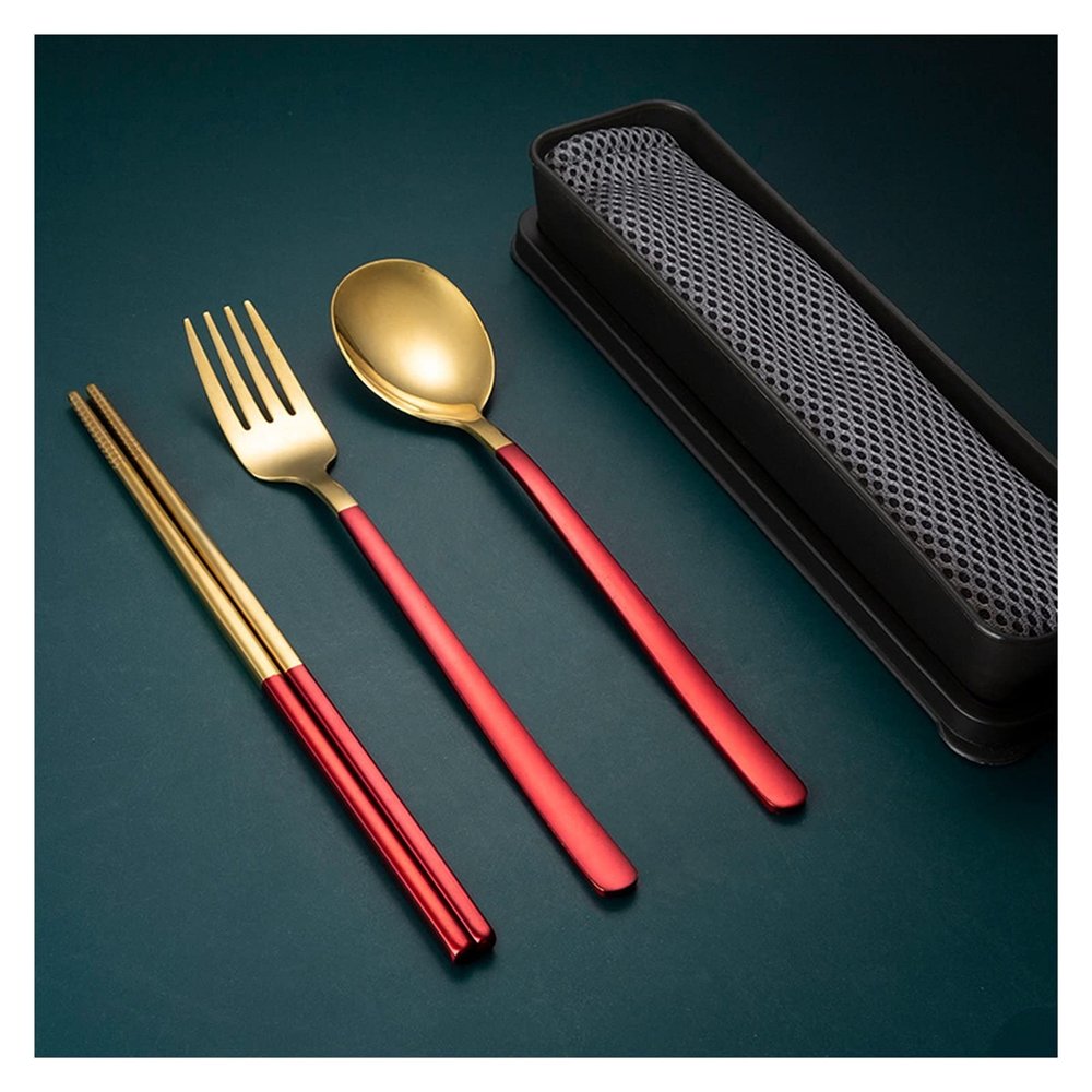 5PCS Portable Stainless Steel Metal Cutlery Set Including Spoon, Chopstick and Fork with Fabric Storage Bag and Carrying Case