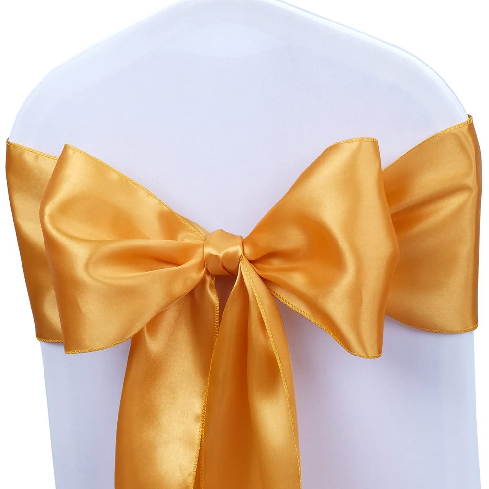 Babenest Satin Chair Sashes Ties Upgraded 50 pcs Chair Ribbons Bows for Wedding Banquet Party Christmas Baby Shower Events Decoration (Gold)