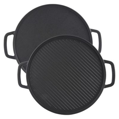 GasSaf Cast Iron Reversible Griddle with Handles, 12" Heavy Duty Double Sided Grill Pan Perfect for Stove Tops and Gas Grills