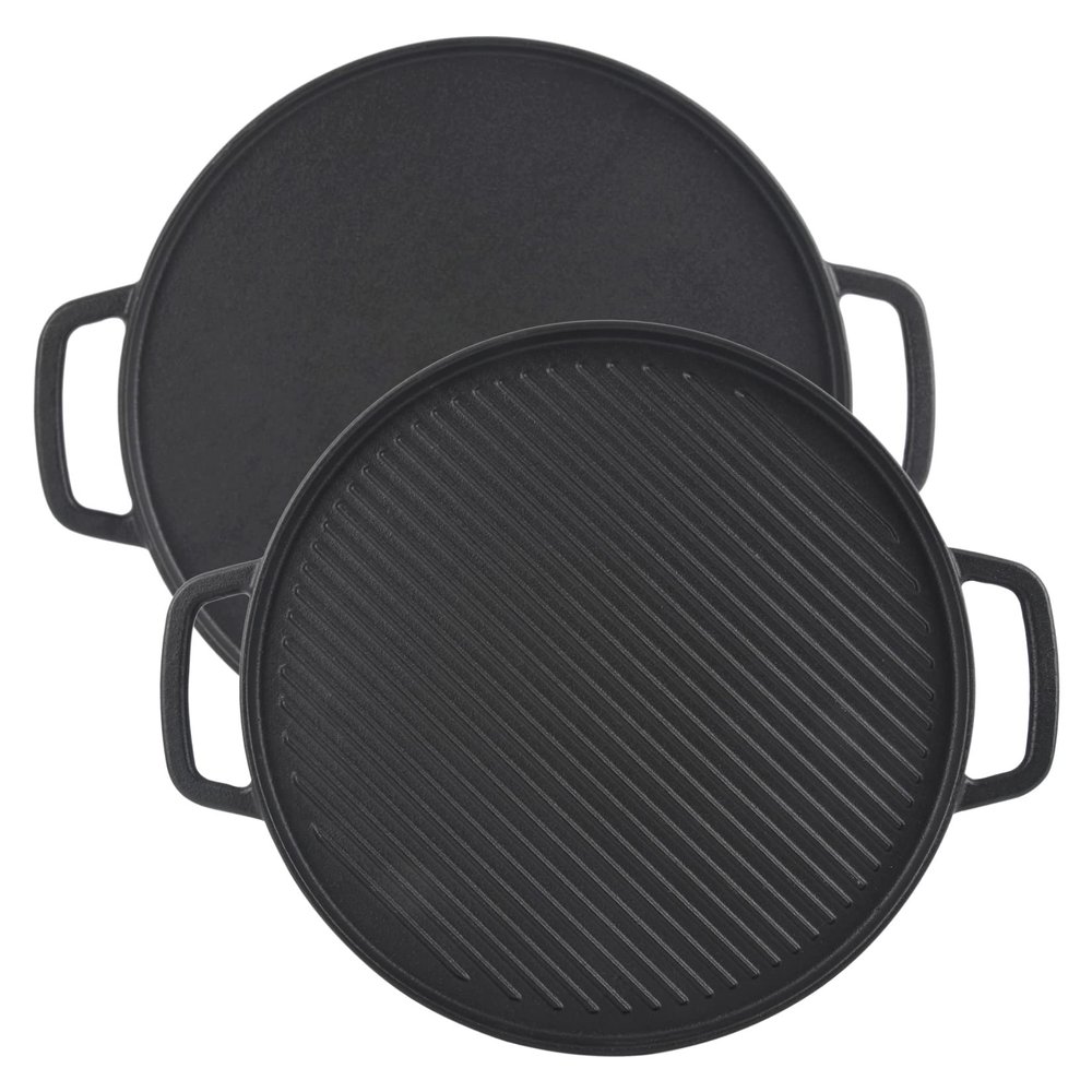 GasSaf Cast Iron Reversible Griddle with Handles, 12" Heavy Duty Double Sided Grill Pan Perfect for Stove Tops and Gas Grills