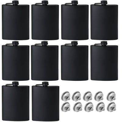 10pcs Flask for Liquor for Men,Matte Black Stainless Steel Leakproof and Funnel, with Never-Lose Metal Cap, Drinking Flasks for Wedding Party Gift Outdoor Activities (8oz)