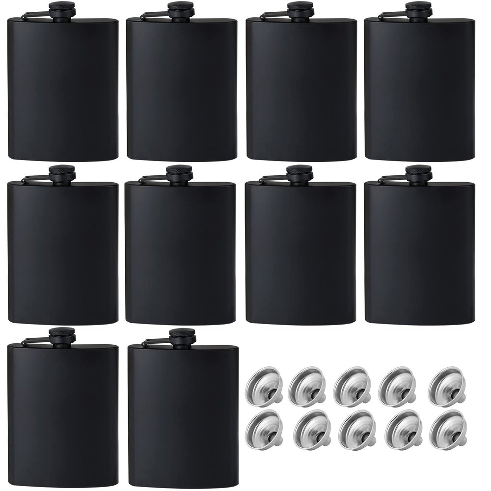 10pcs Flask for Liquor for Men,Matte Black Stainless Steel Leakproof and Funnel, with Never-Lose Metal Cap, Drinking Flasks for Wedding Party Gift Outdoor Activities (8oz)