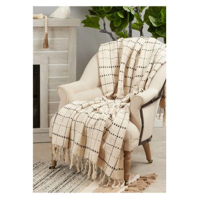 Occasion Gallery Natural 100% Cotton Dashed Line Decorative Armchair Farmhouse Style Throw Blanket, 50" x 60"