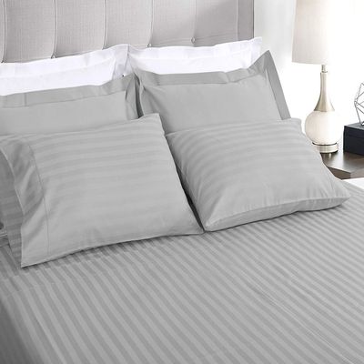 Myrtle Collection Damask Stripe 550-TC Pima Cotton 4-PCs Sheet Set Fits 7-9 Inch Deep Pockets (1 Fitted, 1 Flat, 2 Pillowcase) Hotel Luxury Bedding Set (California King Size, Silver Grey)