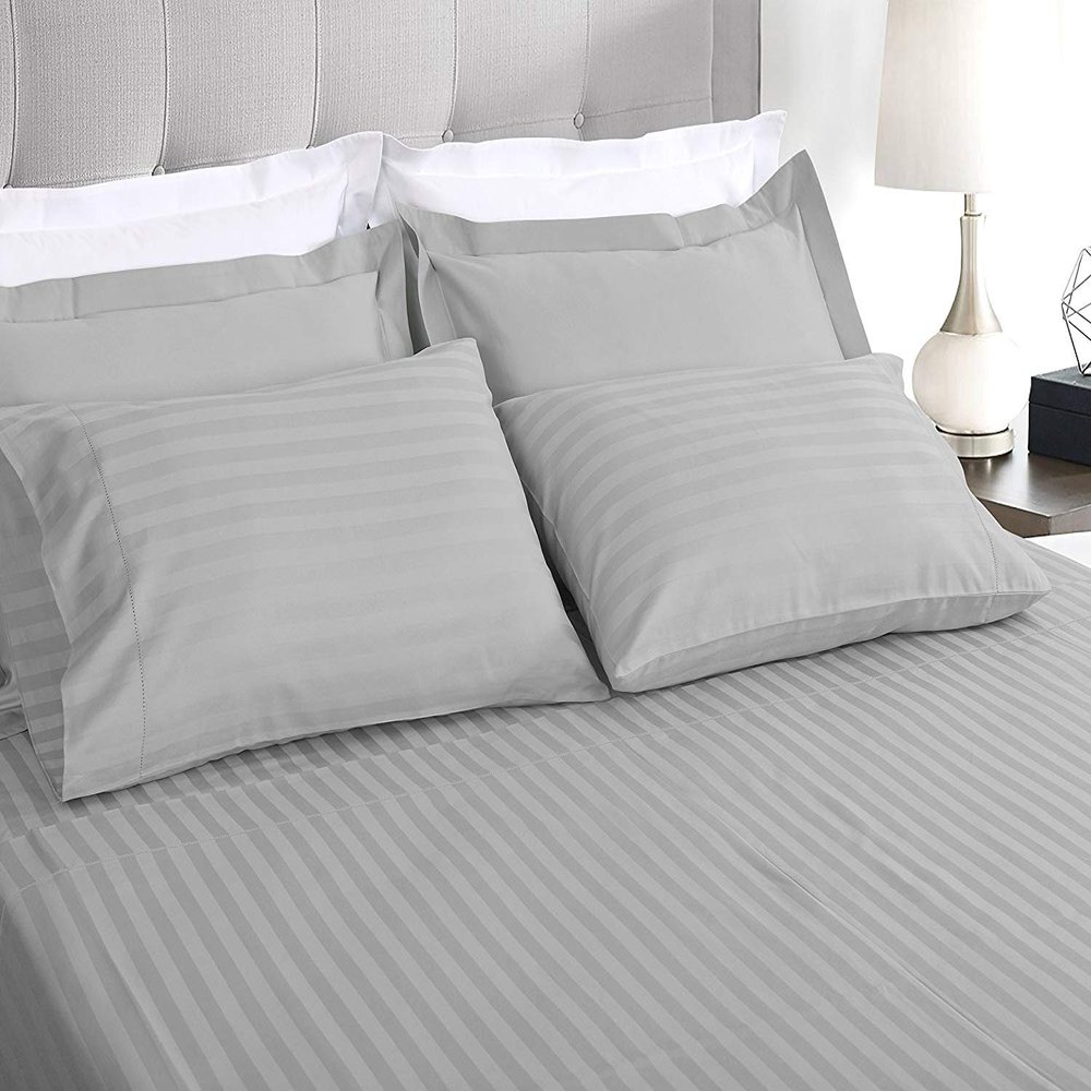 Myrtle Collection Damask Stripe 550-TC Pima Cotton 4-PCs Sheet Set Fits 7-9 Inch Deep Pockets (1 Fitted, 1 Flat, 2 Pillowcase) Hotel Luxury Bedding Set (California King Size, Silver Grey)