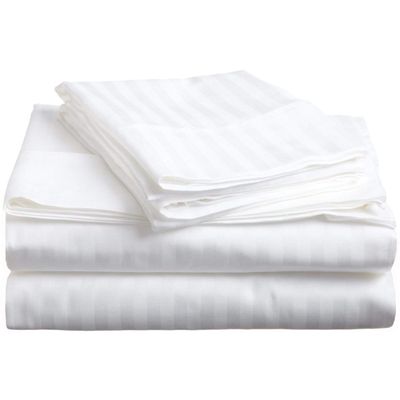 Myrtle Collection Damask Stripe 550-TC Pima Cotton 4-PCs Sheet Set Fits 7-9 Inch Deep Pockets (1 Fitted, 1 Flat, 2 Pillowcase) Hotel Luxury Bedding Set (California King Size, White)