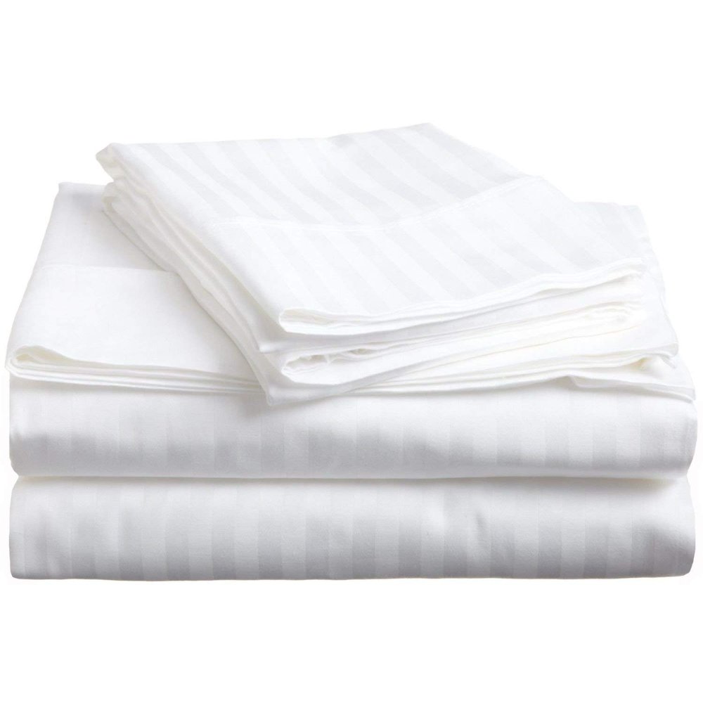Myrtle Collection Damask Stripe 550-TC Pima Cotton 4-PCs Sheet Set Fits 7-9 Inch Deep Pockets (1 Fitted, 1 Flat, 2 Pillowcase) Hotel Luxury Bedding Set (California King Size, White)