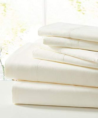 Aspire Linen 550-Thread-Count All Season Pima Cotton 4-Piece Bed Sheets Set Twin Size Fits mattresses Upto 15-18 deep Pocket Sateen Weave (Solid, Ivory)