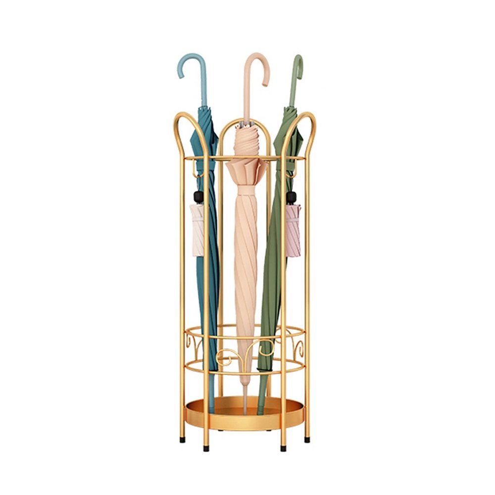 Umbrella Rack Hua Modern Metal Umbrella Rack Storage Bucket, Floor-Standing Umbrella Stand with Hooks, for The Entrance of A Home Hotel Lobby, Black, Golden (Color : Gold)