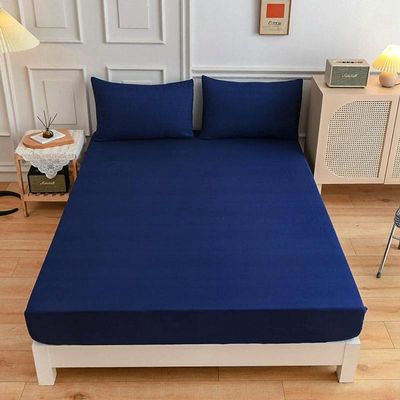 CFYCYHDZHT Bed Cover Room Solid Color Printed Deep Pocket Fitted Sheet, Bedroom Hotel Homestay Single Double King Size Mattress Protector Navy Blue 90200cm+27cm (3pcs)