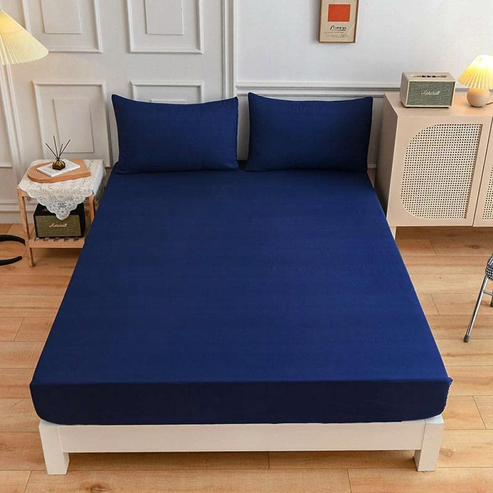 CFYCYHDZHT Bed Cover Room Solid Color Printed Deep Pocket Fitted Sheet, Bedroom Hotel Homestay Single Double King Size Mattress Protector Navy Blue 90200cm+27cm (3pcs)