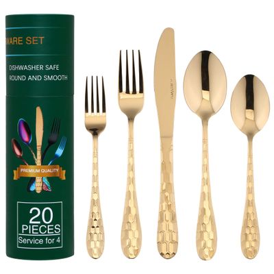 20 Piece Silverware Set for 4, Hammered Silverware Set 18/10 Stainless Steel Tableware Cutlery Flatware Spoons and Forks Set for Home Kitchen Restaurant, Unique Utensils Set Dishwasher Safe (Gold)