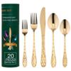 20 Piece Silverware Set for 4, Hammered Silverware Set 18/10 Stainless Steel Tableware Cutlery Flatware Spoons and Forks Set for Home Kitchen Restaurant, Unique Utensils Set Dishwasher Safe (Gold) view 1
