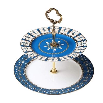 2-Tier Ceramic Cake Stand Tea Party Serving Platter Tiered Cupcake Stand Bar Party Dcor (Color : Blue, Size : 26.5 * 25cm)