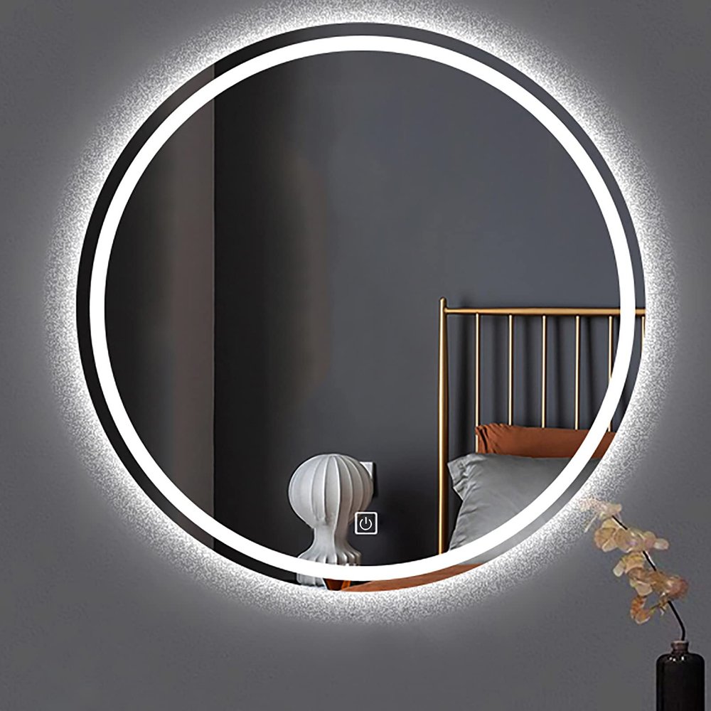 WANGPP Round LED Bathroom Mirror,Bathroom Mirror with Lighting,Make-up Mirror with Touch Switch, Dimmable Warm Light/White Light,Energy-Saving Light Mirror