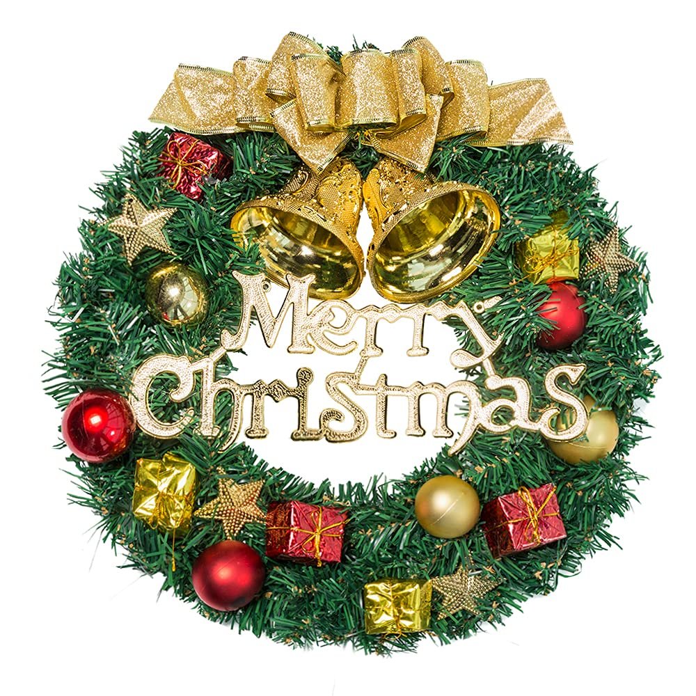 13 Inch Christmas Wreath, Artificial Pine Garland with Bowknot Bells Deer Red Berries Flower Gifts for Christmas Party Decor Front Door Wreath