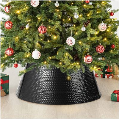 Glitzhome Christmas Tree Collar, 26" D Black Hammered Metal Tree Collar Tree Base Cover Decorative Christmas Tree Ring for Christmas Decoration