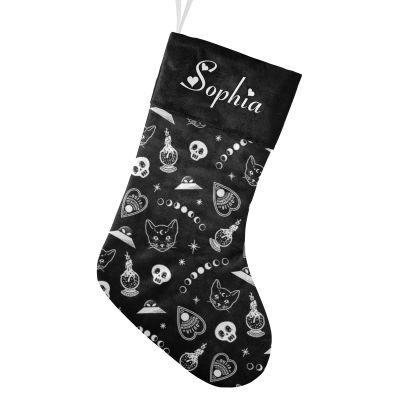 CUXWEOT Personalized Black and White Skull Christmas Stocking Customize Name Xmas Socks for for Family Holiday Decorations Gift 17.52 x 7.87 Inch