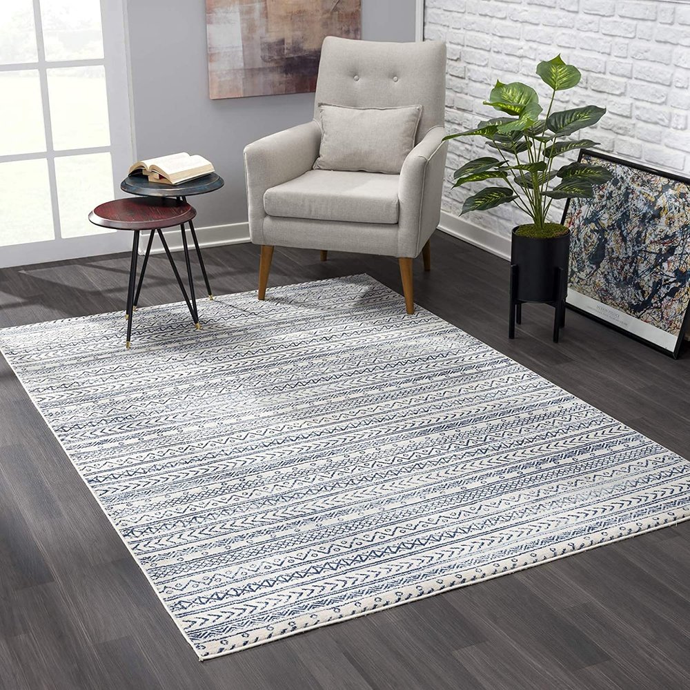 HomeRoots 100% Polypropylene 5 x 8 Navy Blue Decorative Stripes Area Rug