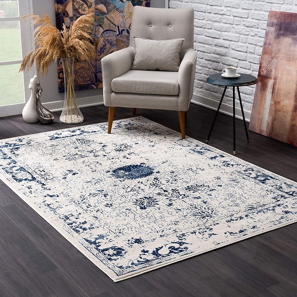 HomeRoots 100% Polypropylene 5 x 8 Navy Blue Distressed Floral Area Rug