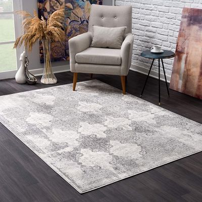 HomeRoots Grey 100% Polypropylene 5 x 8 Gray Distressed Trellis Pattern Area Rug