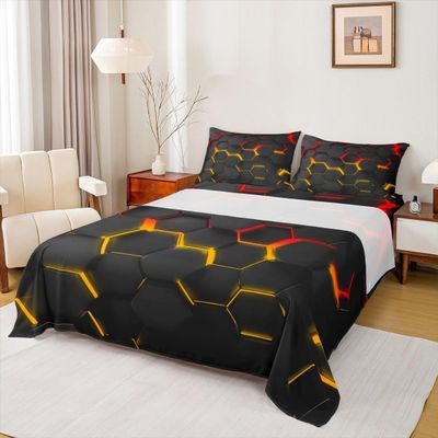 Manfei Honeycomb Sheet Set Twin Size Geometric Hexagon Bedding Set 3pcs with Deep Pocket Fitted Sheet + Flat Sheet + 1 Pillowcase Yellow Red Neon Lights Bed Sheet Set for Kids Boys Girls Room Decor