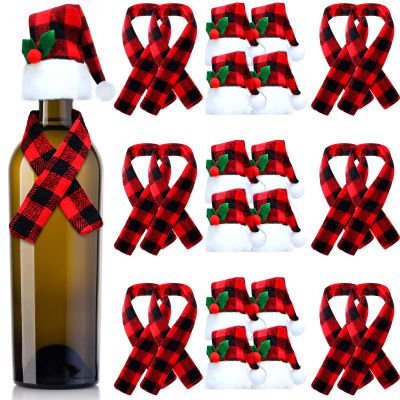 24 Pieces Christmas Wine Bottle Cover Set Christmas Buffalo Plaid Mini Xmas Santa Hat Scarf for Wine Bottle(Cute)