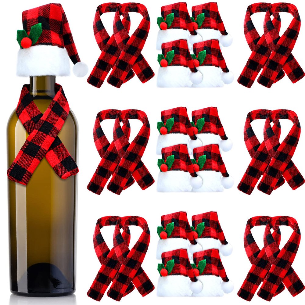 24 Pieces Christmas Wine Bottle Cover Set Christmas Buffalo Plaid Mini Xmas Santa Hat Scarf for Wine Bottle(Cute)