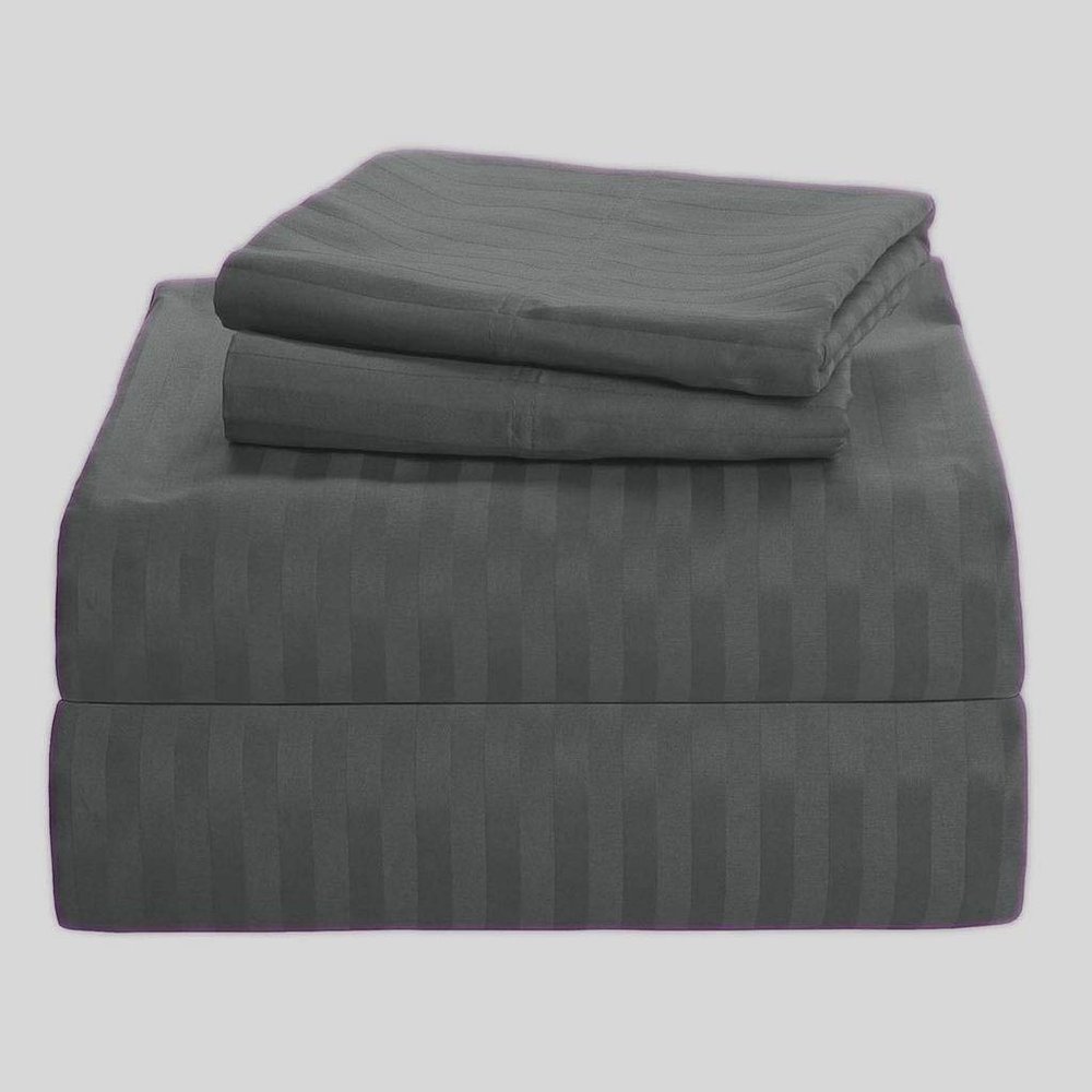 SHERA'S BEDDINGS Olympic Queen Sleeper Sofa Bed Sheet Set (66" x 80" + 4") Long-Staple Cotton Fits Mattress Sheet 4" Inches Deep Egyptian Quality- 600 TC Stripe Dark Grey Sofa Sleeper Sheets- 4 pc