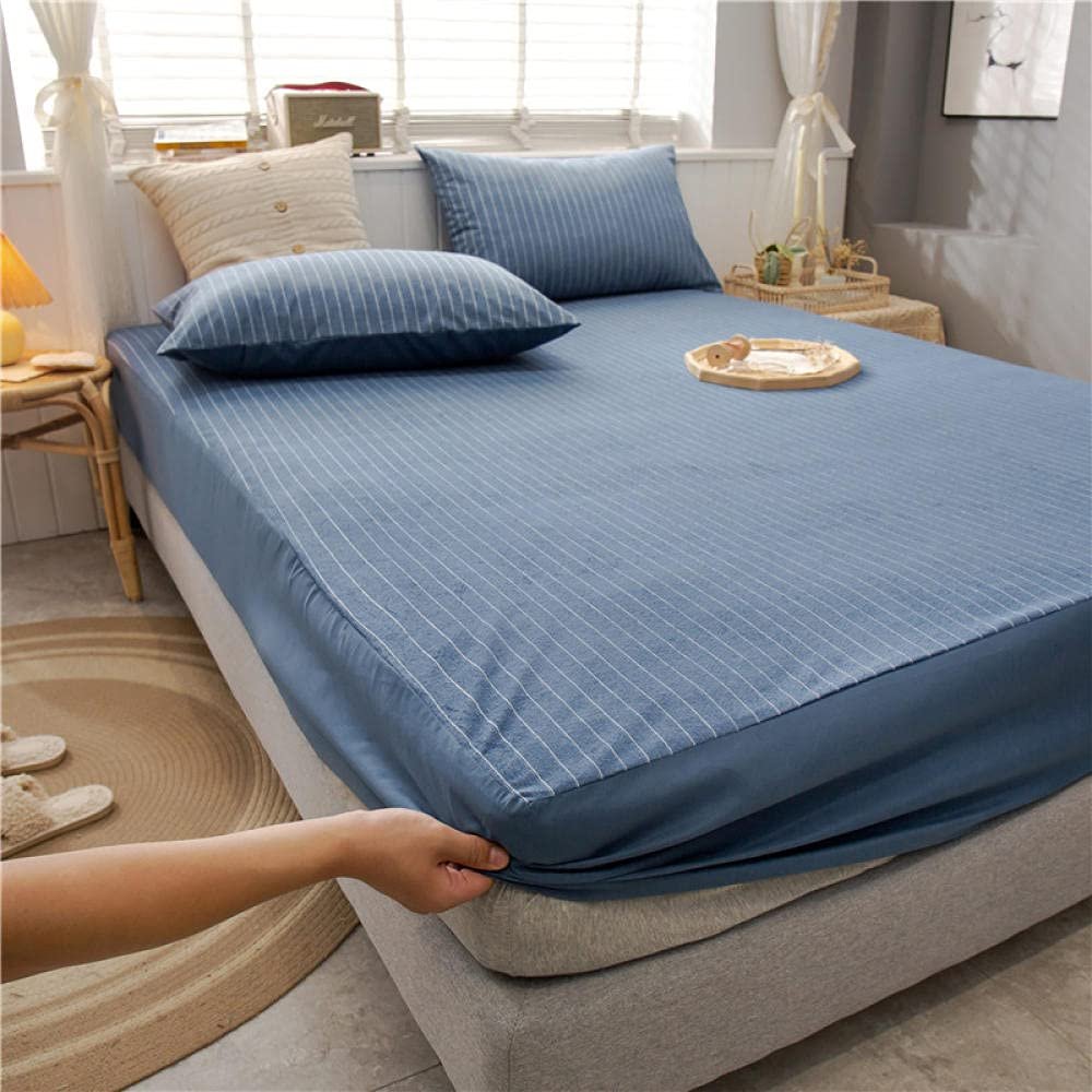 CFYCYHDZHT Bed Sheet Queen Size Cotton Waterproof Mattress Protective Cover for Elderly Children, Hotel Homestay Single Double Solid Color Bed Cover Stripes Blue 150200+30cm