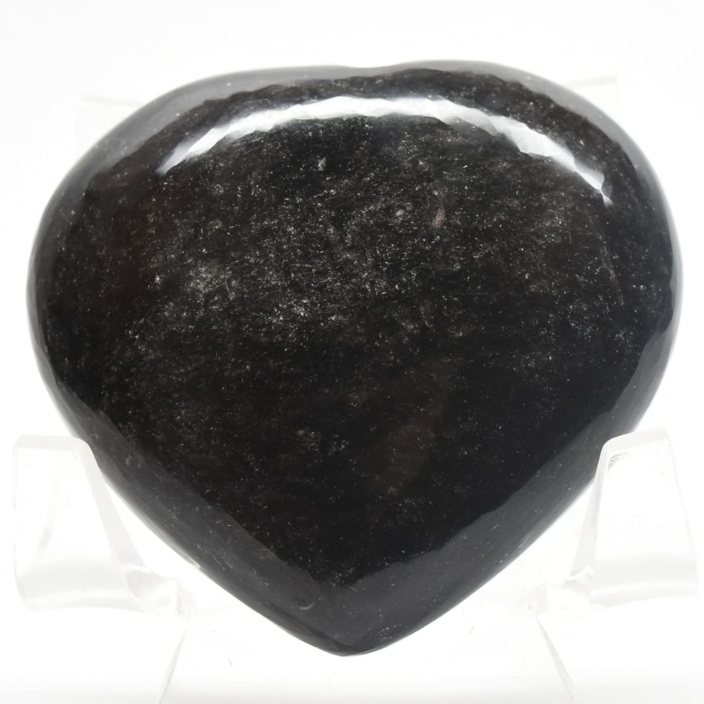 2.1" 80g Silver Sheen Obsidian Puffy Heart Polished Natural Sparkling Collectible Volcanic Glass Gemstone Crystal Mineral Specimen - Mexico + Stand