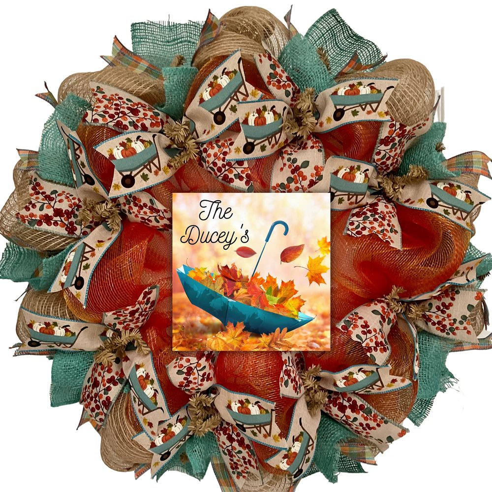 Fall Umbrella Personalized Handmade Deco Mesh Wreath 24 and 28 inch diameters