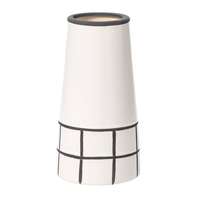 7" H Ceramic Modern Painted Grid Tapered Flower Table Vase, Black and White
