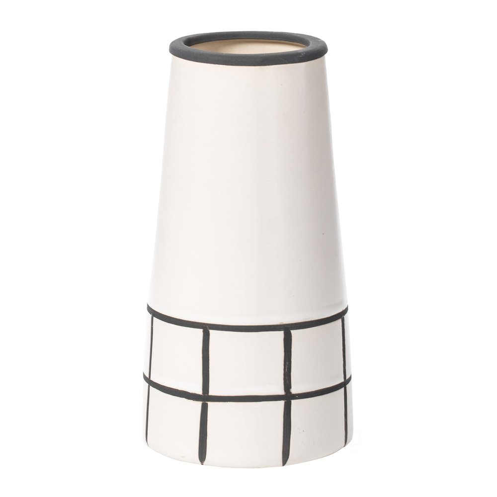 7" H Ceramic Modern Painted Grid Tapered Flower Table Vase, Black and White
