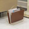 Gold Metal and Brown Leather Modern Decorative Freestanding Magazine Book Rack Storage Holder view 2