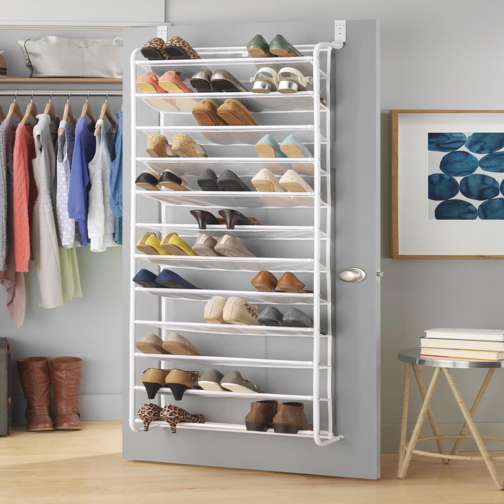 Whitmor 36 Pair Over The Door Shoe Organizer, 12 Tier Hanging Shoe Organizer, Heavy Duty Metal & Mesh Shoe Holder, Hanging Shoe Rack for Closet Organizer & Storage, 69"L x 21.7"W x 7.5"H, White